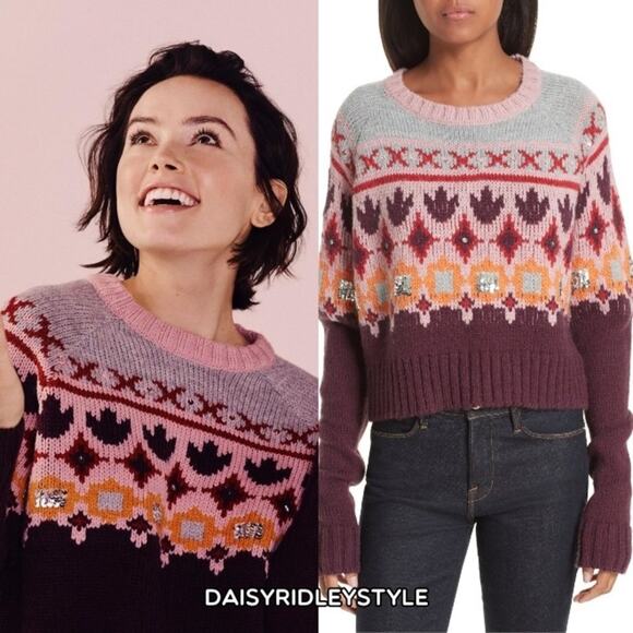 CINQ‎ a SEPT Gianni Fair Isle Sweater Burgundy Wool Sequins Geometric small NEW - Picture 1 of 10